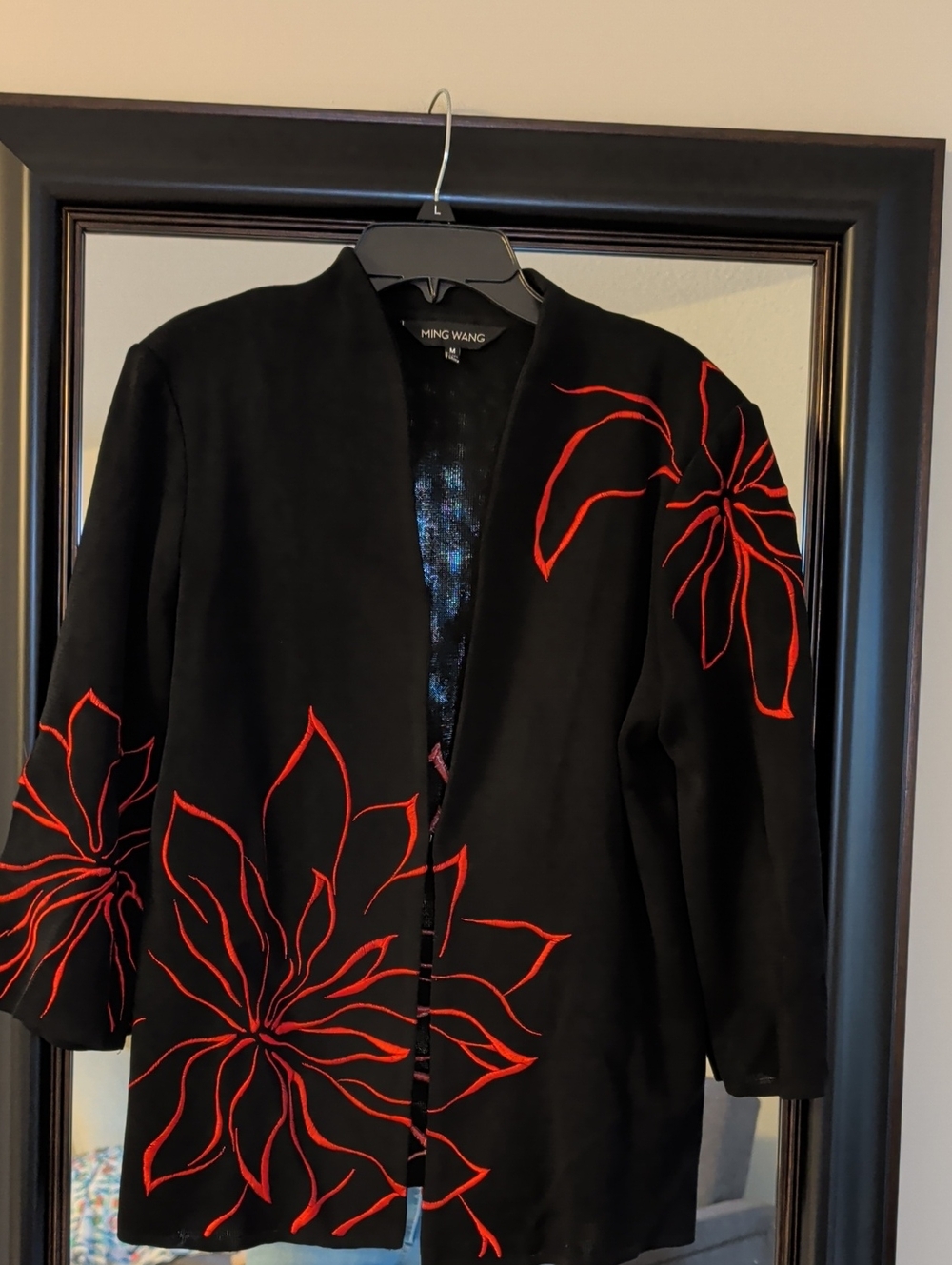 Ming Wang Black Cardigan With Embroidered Red Flower Design Size M